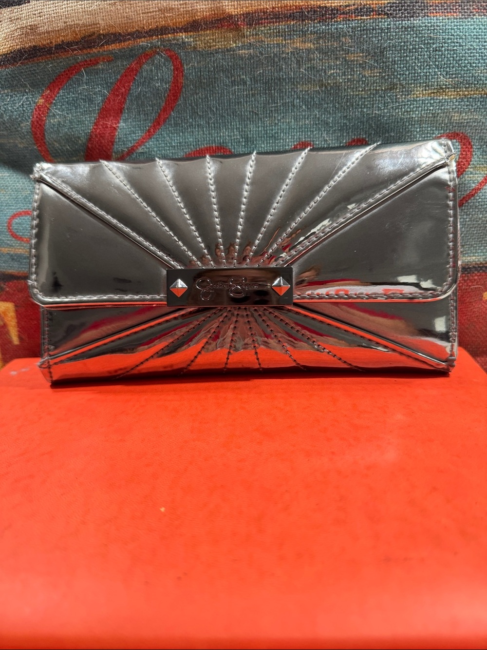 Jessica Simpson Metallic Silver Sunburst Clutch Wallet
